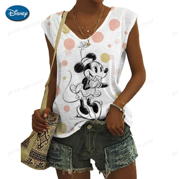 Moterų Mada marškinėliai Disney Minnie, Mickey Mouse spausdinti Bako Viršuje Vasaros Atsitiktinis V Apykaklės Liemenė Viršuje Ponios Laisvi Marškinėliai be Rankovių