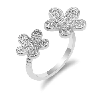 Atidaryti Žiedai, Dvigubas Gėlių Moterų Žiedai Reguliuojamo Dydžio Piršto Žiedai Moterims Romantiško Stiliaus Apakinti CZ Stone bižuterijos