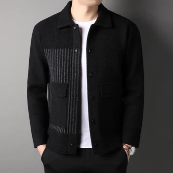 Aukštos kokybės rudens ir žiemos sutirštės vilnonis švarkas vyrų tendencija juostele kišenėje kailis verslo high-end Atvartas megztas megztinis