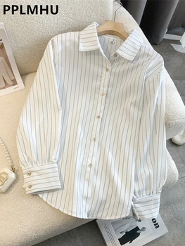Biuro Moterų Balta Dryžuotas Marškinėliai korėjos Prarasti Atsitiktinis Oficialų Palaidinės Elegantiškas Camisas ilgomis Rankovėmis Viršūnes Naujas Prašmatnus Olis Blusas 2023