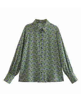 MESTTRAF Moterų 2023 Mados Geometrijos Spausdinimo Atsitiktinis Pajama Stilių Vintage Palaidinė ilgomis Rankovėmis Atvartas Marškinėliai Blusas Streetwear