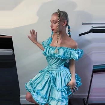Mielas Šviesiai Mėlynos Spalvos Trumpas Prom Dresses Bžūp Rankovėmis Mini Ilgio Kelių Sluoksnių Raukiniai, Uždusęs Merginos Homecoming Dress Satino Šalis Suknelė