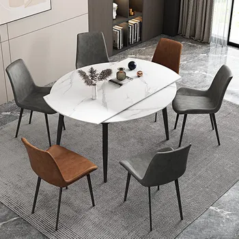 Modernus, paprastas ir prabangus marmuro kambarį, apvalūs, ištraukiamas stalas, valgomojo kėdės, kombinuoti baldai