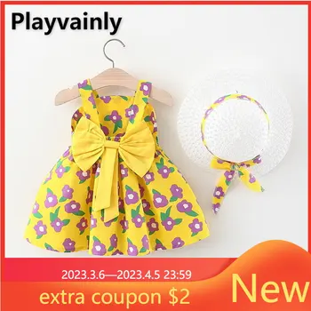 Nauja Vasaros Suknelė Baby Girl Gėlių Spausdinti Berankovis Suknelė, Diržas, Lankas, Princesė Suknelės Vaikams Drabužių Duoti Gėlių Šiaudų Skrybėlę E1391
