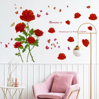 Raudona Rožė Gėlių Sienų Lipdukai Gėlių Žievelės ir Klijuoti prie Sienos Meno Lipdukai Mergaičių Miegamąjį Kambarį, TV Foną
