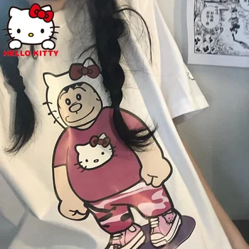Sanrio Hello Kitty Y2k T-Shirt Kawaii Anime Kuromi Mielas Animacinių Filmų Trumpomis Rankovėmis Marškinėlius Prarasti Plonos Medvilnės Top Gimtadienio Dovana Goth Tee