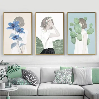 Šiaurės Abstrakčios Drobės Tapybos Mergaitė Mėlyna Gėlė Žalias Kaktusas Sienos Menas, Plakatų ir Spausdinti nuotraukų Šiuolaikinio Gyvenimo Kambario Apdaila